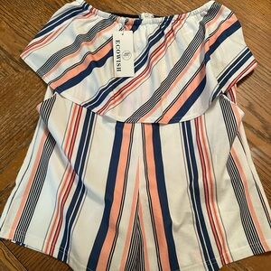 ECOWISH Women's Off-Shoulder Striped Blouse - Navy, Peach, White